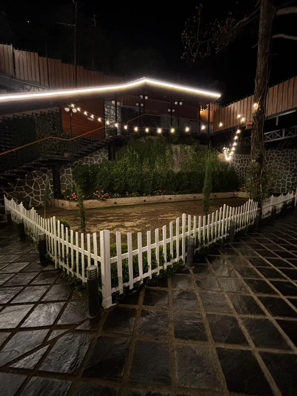 The fenced lawn at night under string lights